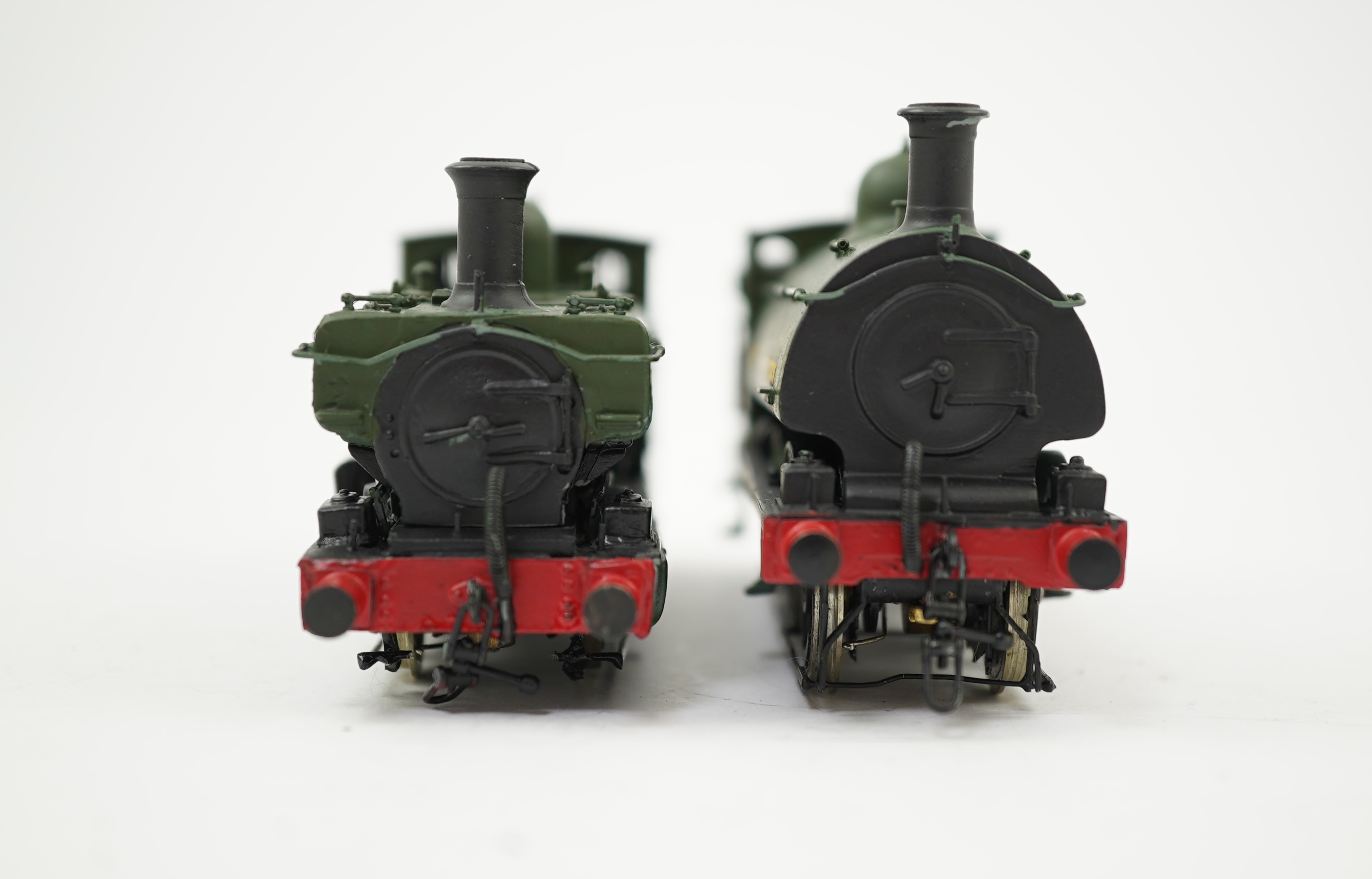 Two 00 gauge brass and white metal kit built GWR tank locomotives; a 2021 class 0-6-0PT, 2032, together with an 1854 class 0-6-0ST, 1858, constructed, painted and lined to a high standard, both motored for two rail opera